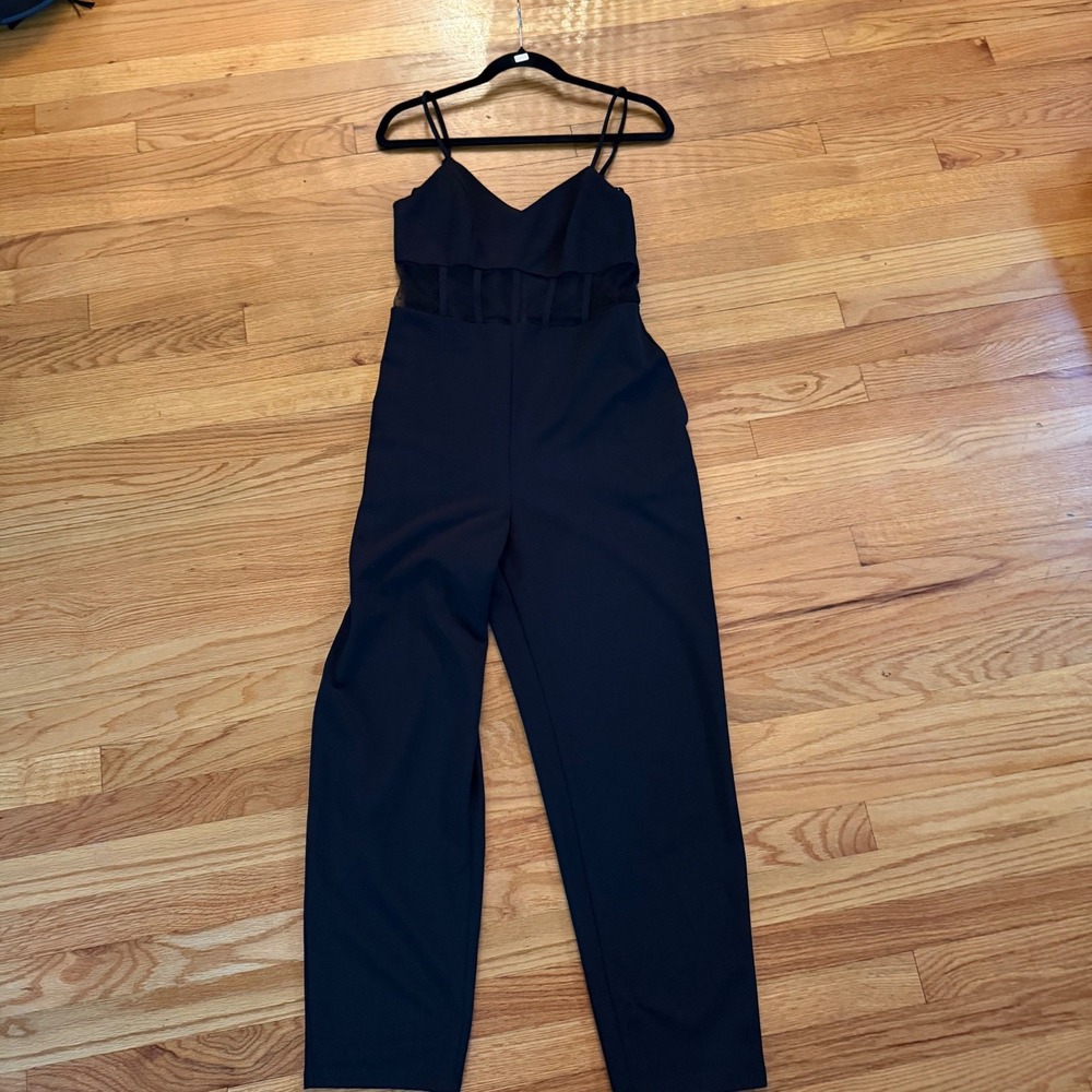 Crystal Sky Black Sheer Mesh Waist V-Neck Jumpsuit Size L Sleeveless Evening
